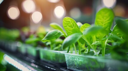 Close-up of vibrant green seedlings in a greenhouse, showcasing their healthy growth under soft lighting conditions.