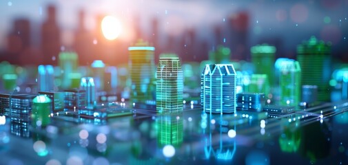 A vibrant city skyline illuminated with neon lights, showcasing futuristic architecture against a twilight backdrop with a shimmering atmosphere.