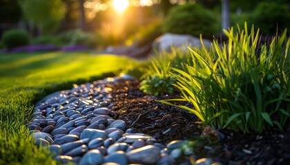 A serene garden scene with sunlit rocks and lush greenery, highlighting nature's beauty and tranquil atmosphere.