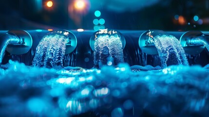 A mesmerizing view of cascading water illuminated in blue tones, creating a tranquil and captivating atmosphere.