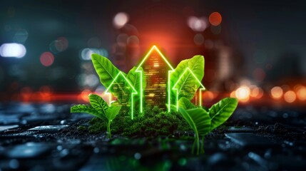 A glowing green house surrounded by vibrant plants, symbolizing sustainable living and eco-friendly architecture in an urban setting.