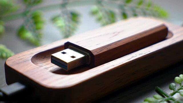 Wooden USB drive with natural greenery on surface, technology storage