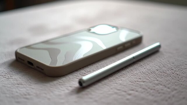 Beige phone case and a stylus on a patterned surface. Close-up
