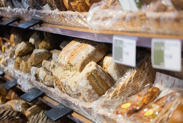 Breads on shelf in bakery