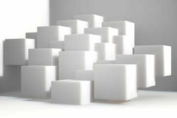 Cluster of white geometric cubes floating on white floor before grey backdrop, receiving left light