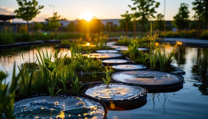 A serene water feature with circular platforms, surrounded by greenery, reflecting the sunset glow, creating a peaceful atmosphere.