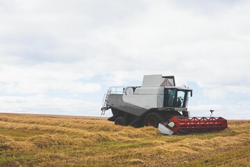 View of a harvester on a field