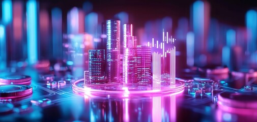 A futuristic cityscape created with vibrant neon colors, showcasing digital elements and architectural structures on a circuit-like background.