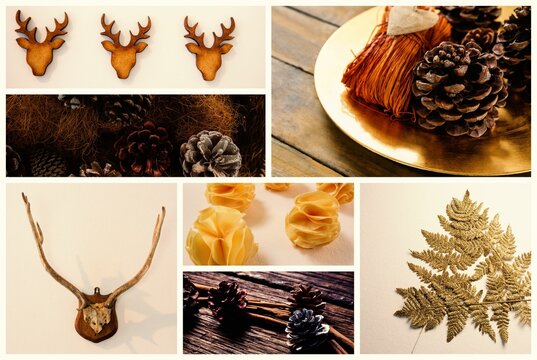Fototapeta Autumn holiday flat design collage is showing wooden reindeer silhouettes, pinecones, brass plate