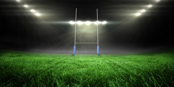 Flat design showing rugby goalpost with blue padding standing on lush grass under night floodlights