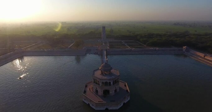 Aerial view of Hiran Minar and tranquil waters, Pakistan.