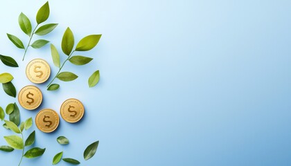 A serene composition of golden coins and green leaves on a soft blue background, symbolizing wealth and nature's harmony.