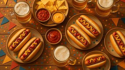Colorful celebration setup of beer chips and classic hot dogs with sauces on wooden table for festive national hot dog day picnic and party background concept