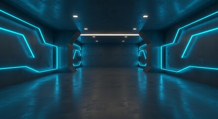 Futuristic Neon Room Empty Concrete Space with Glowing Blue Accents