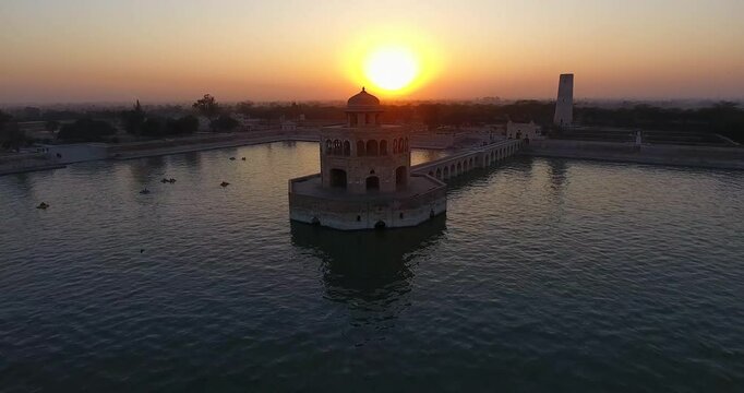 Aerial view of Hiran Minar at sunset, Pakistan.