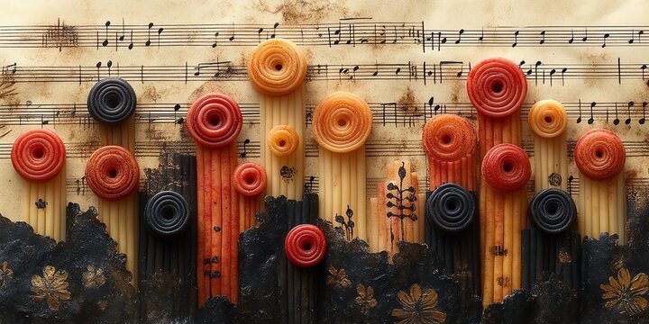 Colorful Spiral Pasta on Artistic Music Notebook Background
