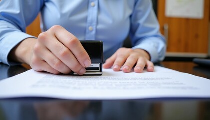 Close-up of a person's hands stamping an official document, symbolizing business approval and legal process.