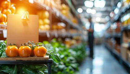 A vibrant display of fresh oranges on a shelf in a grocery store, surrounded by greenery, with a blurred shopper in the background.