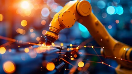 A robotic arm conducts precision work in a modern industrial setting, illuminated by vibrant lights and digital overlays, highlighting automation technology.