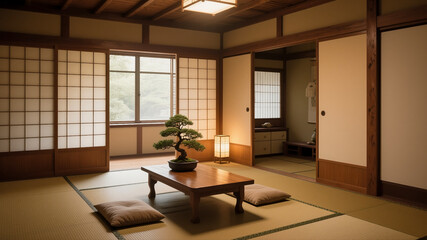 Zen Japanese interior with bonsai tree tatami mats shoji screens cushions wooden table traditional