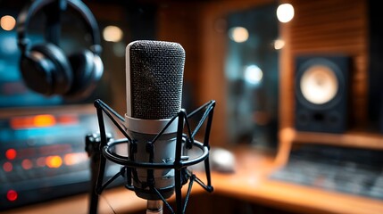 A classic studio microphone on stage, perfect for recording music, captivating speeches, or live concert performances