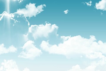 Cumulus cloud cluster is drifting across flat design turquoise sky with scattered light rays