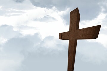 Flat design illustration is showing weathered wood-grain cross standing against cloudy sky