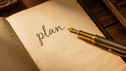Fototapeta premium Vintage Planner: Fountain Pen on Antique Book with Word 'Plan' for Goal Setting and Strategy