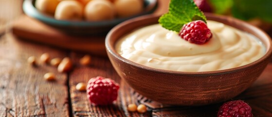 A creamy dessert with fresh raspberries and mint, set on a rustic wooden table, accompanied by a bowl of round sweets.