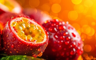 Close-up of vibrant, juicy fruits with droplets, illuminated by a warm, colorful background, showcasing freshness and natural beauty.