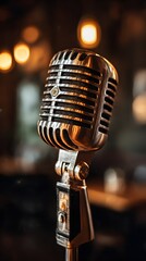 A classic chrome vintage microphone stands ready on stage for a live musical concert performance