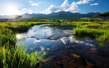 A serene landscape featuring a reflective river surrounded by lush greenery and mountains under a bright blue sky.