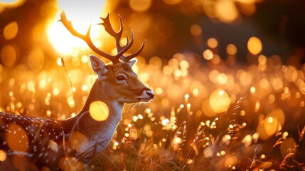 A graceful deer stands in a sunlit field, surrounded by shimmering bokeh, capturing a serene moment in nature.