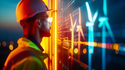 A worker in a hard hat observes digital data related to wind energy, illuminated by neon lights in a futuristic setting.