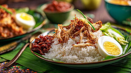 Steaming bowl of nasi lemak with pandan leaves, coconut rice surrounded by sambal and anchovies.
