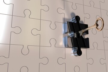 Black puzzle piece lock is holding golden key within 3D render of interlocking beige puzzle pieces