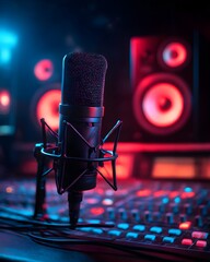 Capture the essence of live performance with a dynamic black microphone on an empty stage, ready for music, voice, or a powerful concert event