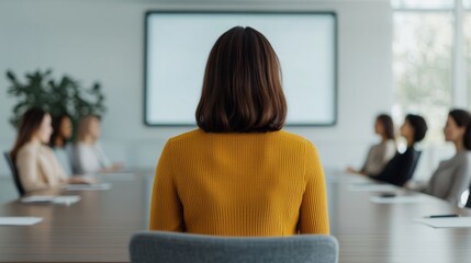 A woman in a yellow sweater sits facing a conference table, attending a meeting with others, focusing on a presentation in a modern office setting.