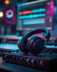Digital DJ equipment featuring a mixer and headphones, integrated with a computer motherboard and audio circuitry