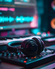 Close-up of a DJ mixing music on a digital sound processor, highlighting the intricate electronic components and blue-hued circuit boards within the high-tech equipment