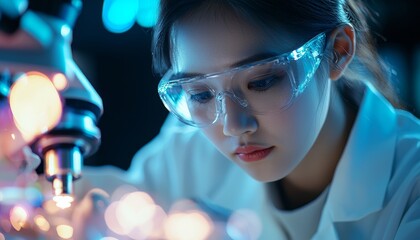 A focused young woman in a lab coat examines samples through a microscope, illuminated by colorful lights, showcasing a modern scientific environment.