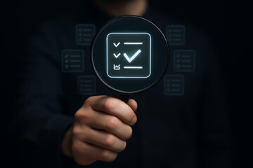 Close-up of hand holding magnifying glass focusing on digital checklist icon, symbolizing document validation, quality assurance, and auditing process in modern digital workflow
