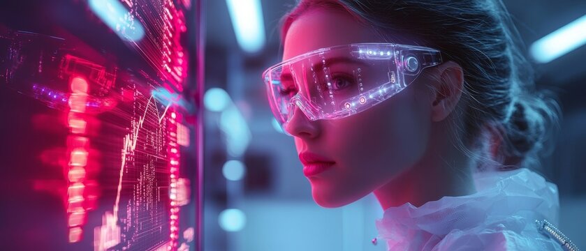 A futuristic figure with illuminated goggles analyzes digital data in a high-tech environment, emphasizing innovation and technology.