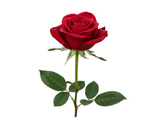 A single vibrant red rose with green leaves and stem isolated on transparent background