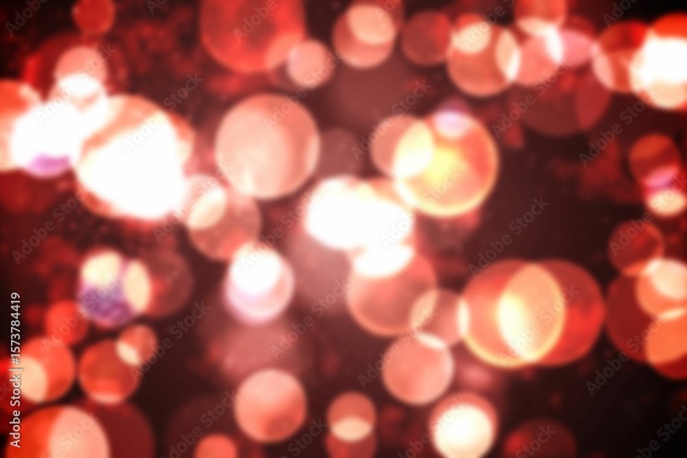 Poster glowing red-orange bokeh circles are floating in flat design over dark backdrop with light specks