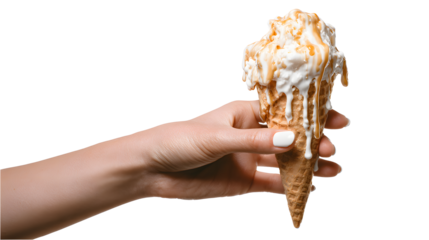 Hand holding a melting ice cream isolated on a white background