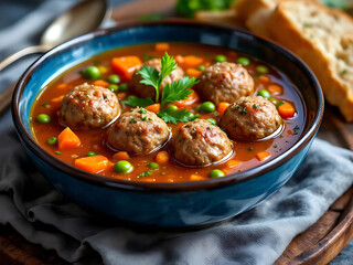 Delicious meatball soup, served in a blue bowl, showcasing vibrant vegetables and inviting aroma, perfect for a cozy meal.