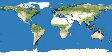 World map is showing continents in cylindrical projection on blue background, with polar ice caps