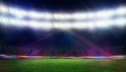 Obraz premium Flat design tiered seating and grass field are glowing under floodlights, showing digital boards
