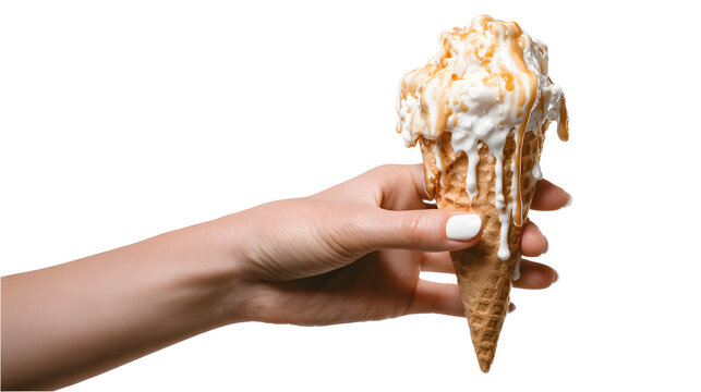 Hand holding a melting ice cream isolated on a white background